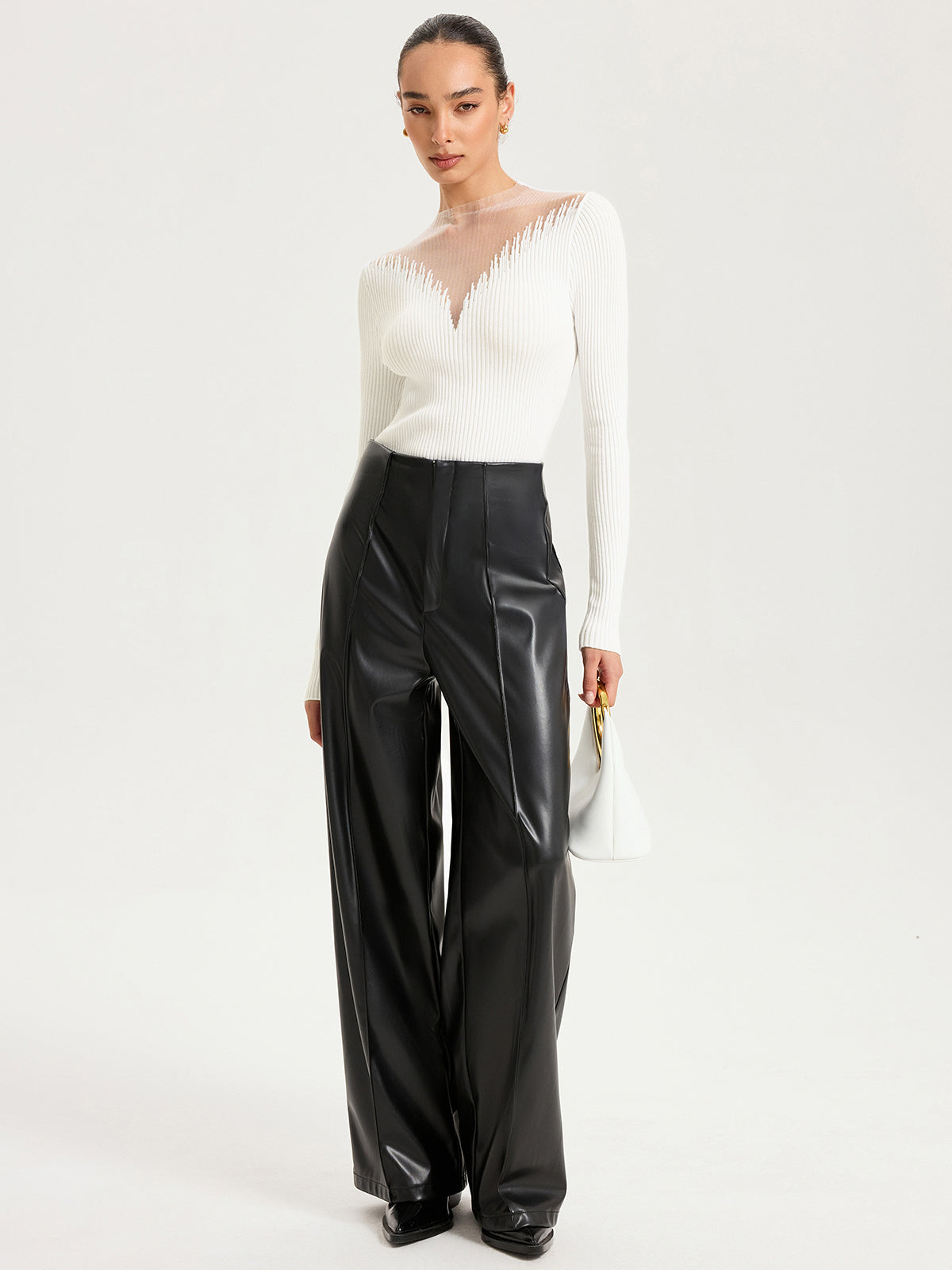 Sheer Mesh Panel Ribbed Knit Top