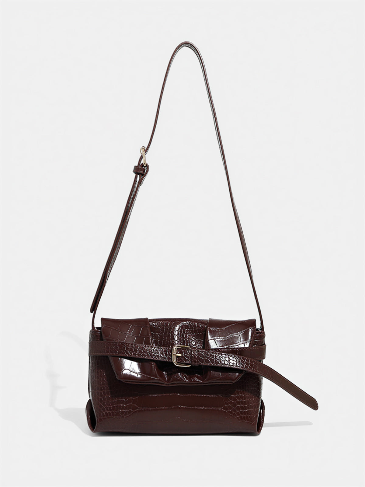 Crocodile-Embossed Buckle Crossbody Bag