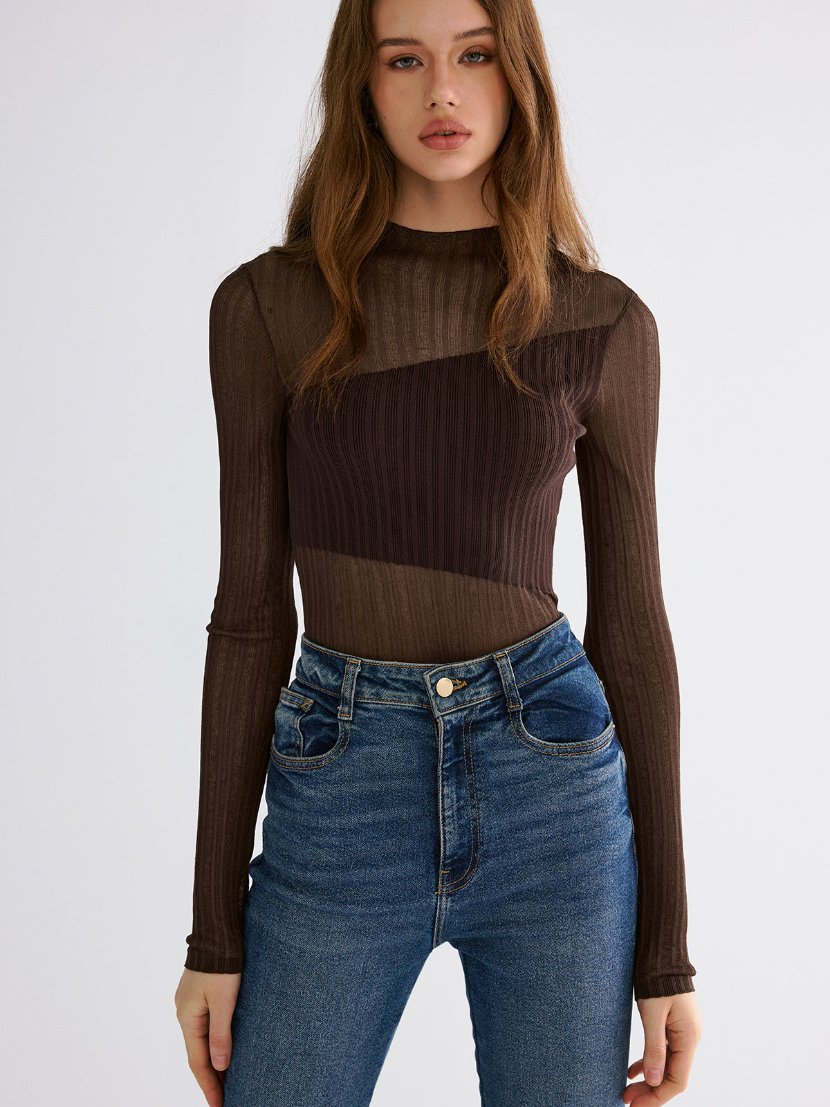 Mock Neck Contrast Mesh Top