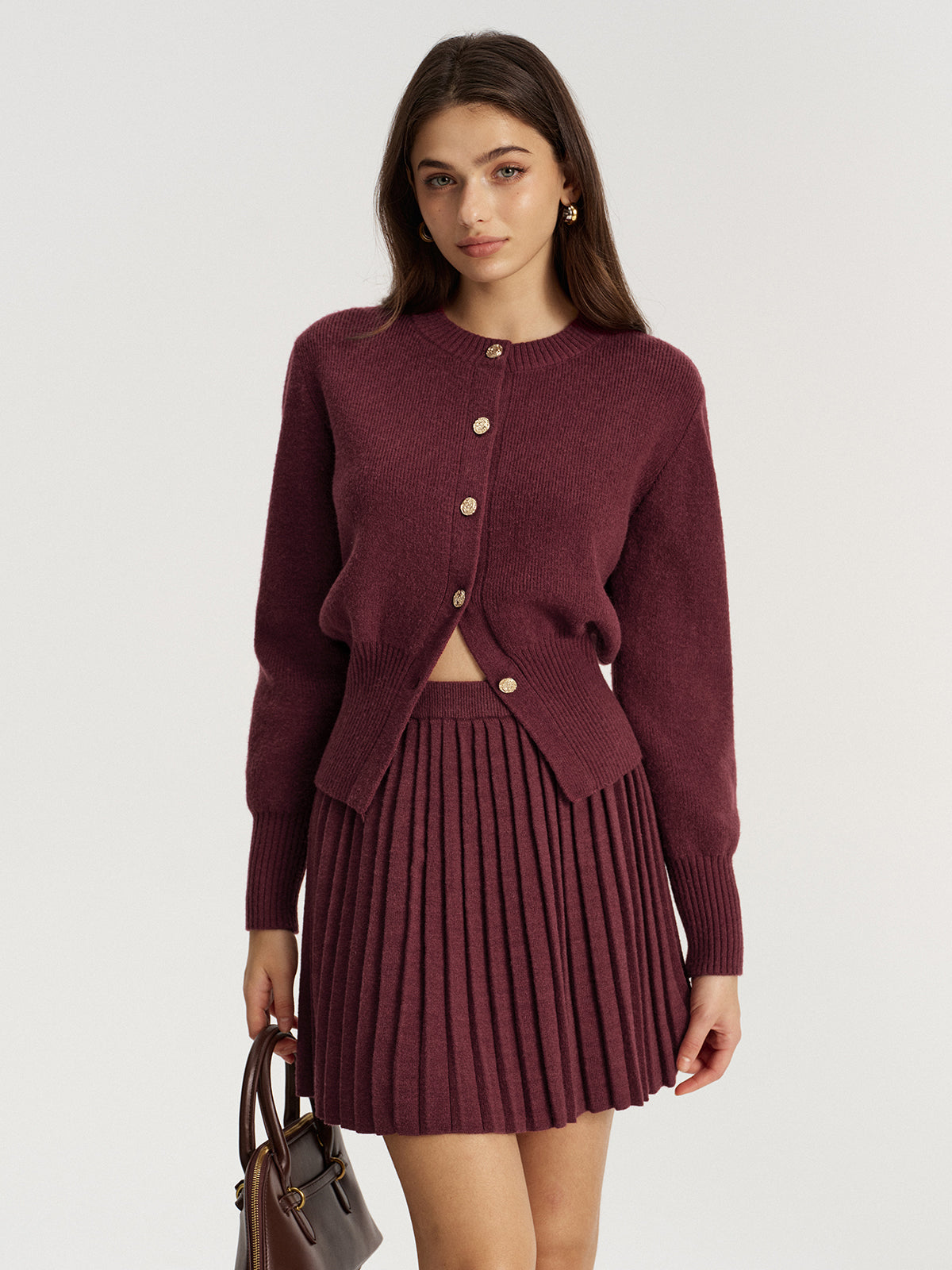 Metal Button Cardigan and Pleated Mini Skirt Set
