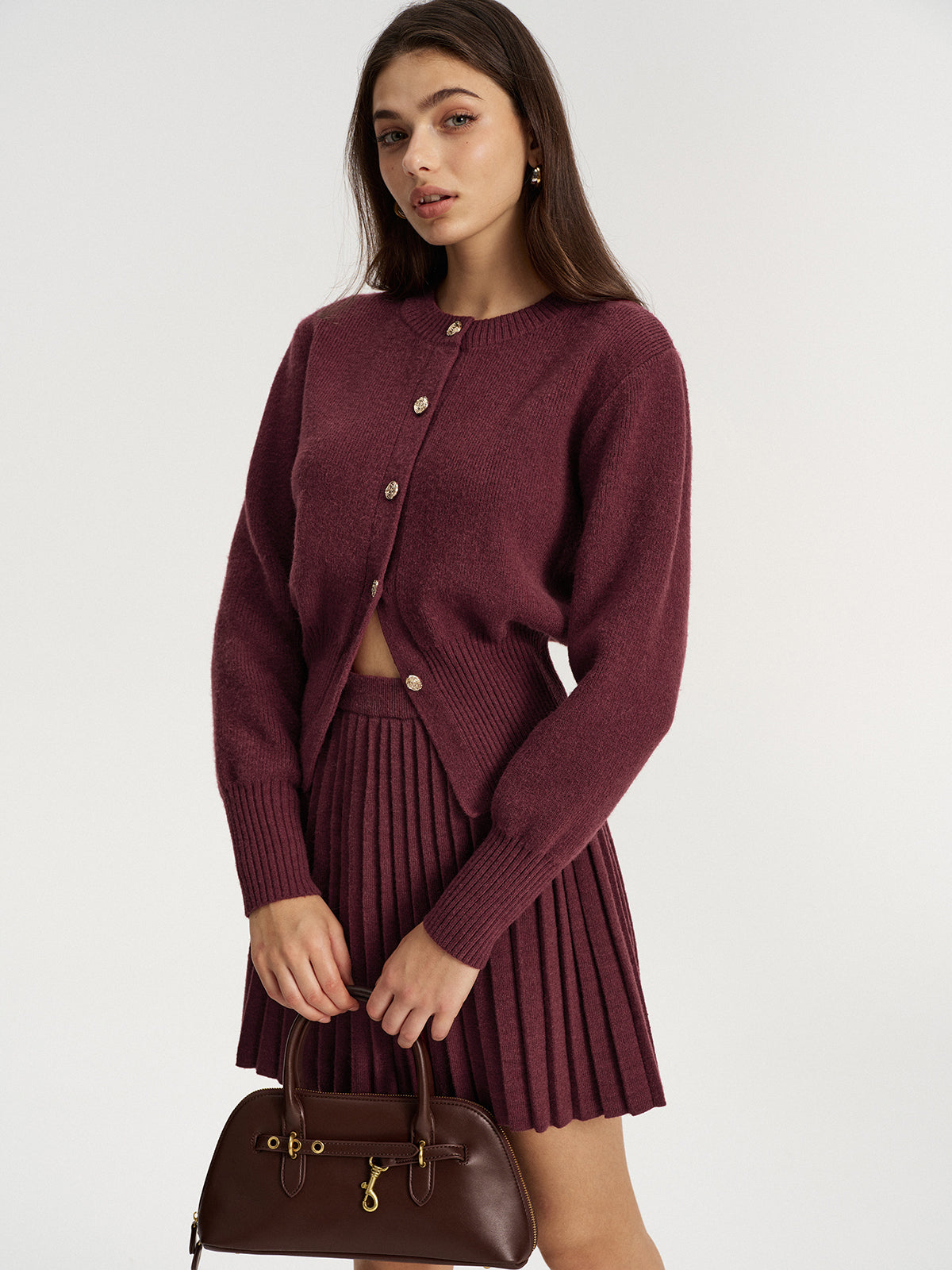 Metal Button Cardigan and Pleated Mini Skirt Set