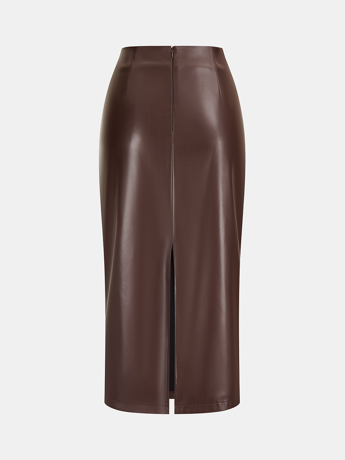 Back Slit Faux Leather Midi Pencil Skirt