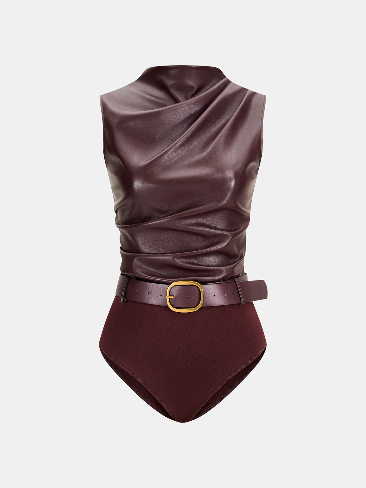 Belted Ruched Sleeveless Faux Leather Bodysuit