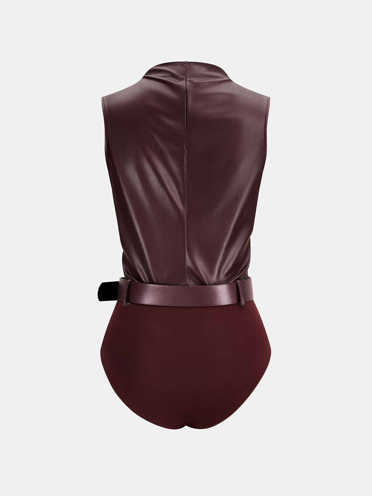Belted Ruched Sleeveless Faux Leather Bodysuit