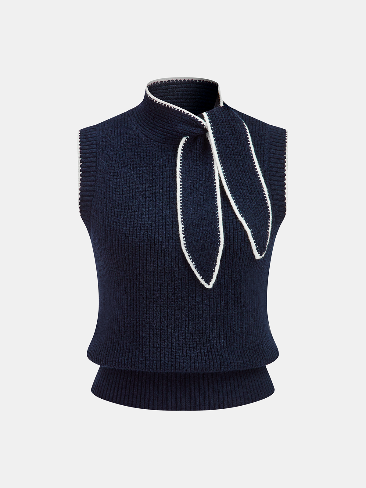 Contrast Trim Tie-Neck Sleeveless Rib-Knit Vest