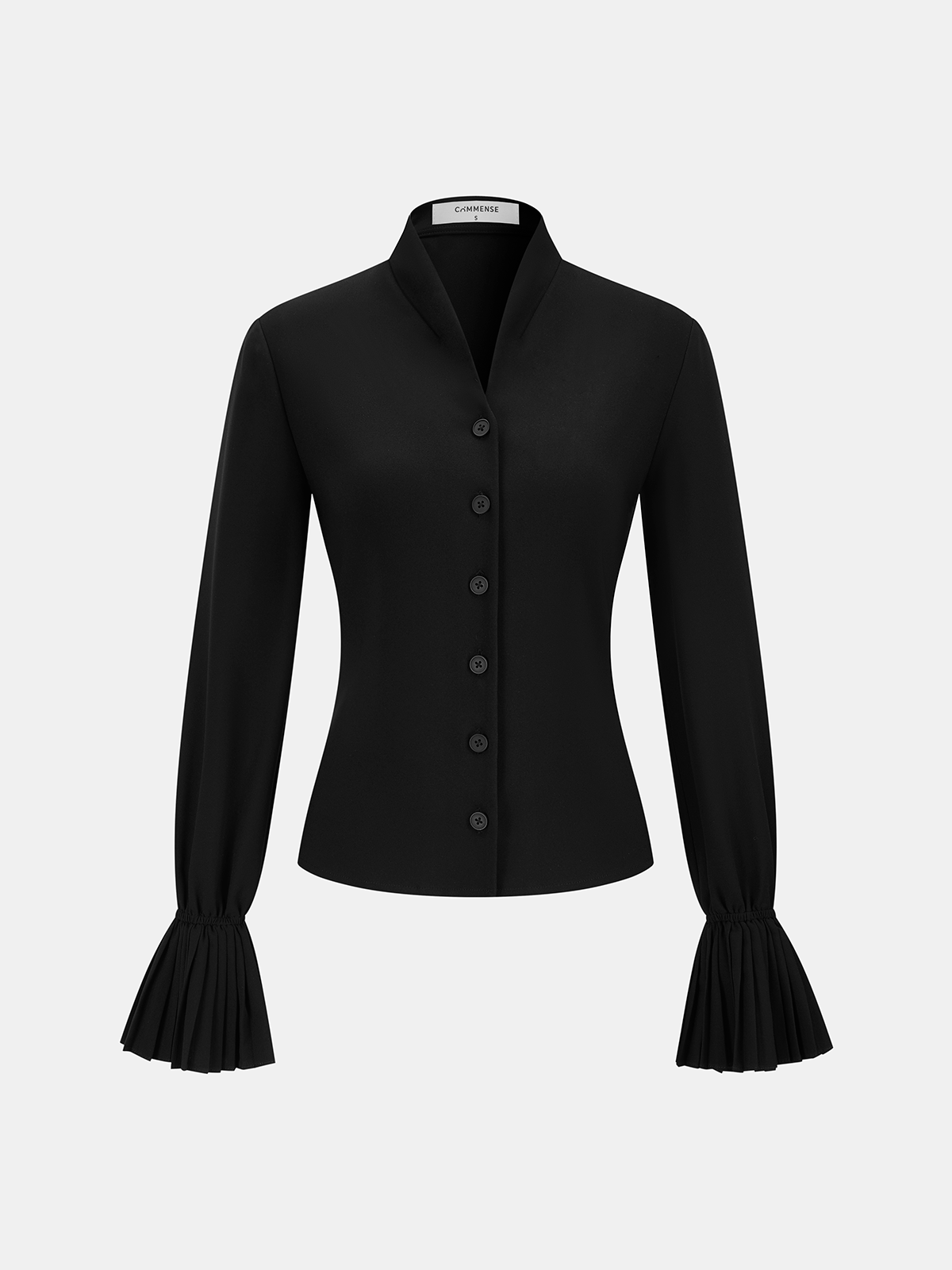 Stand Collar Pleated Cuff Button-Front Blouse