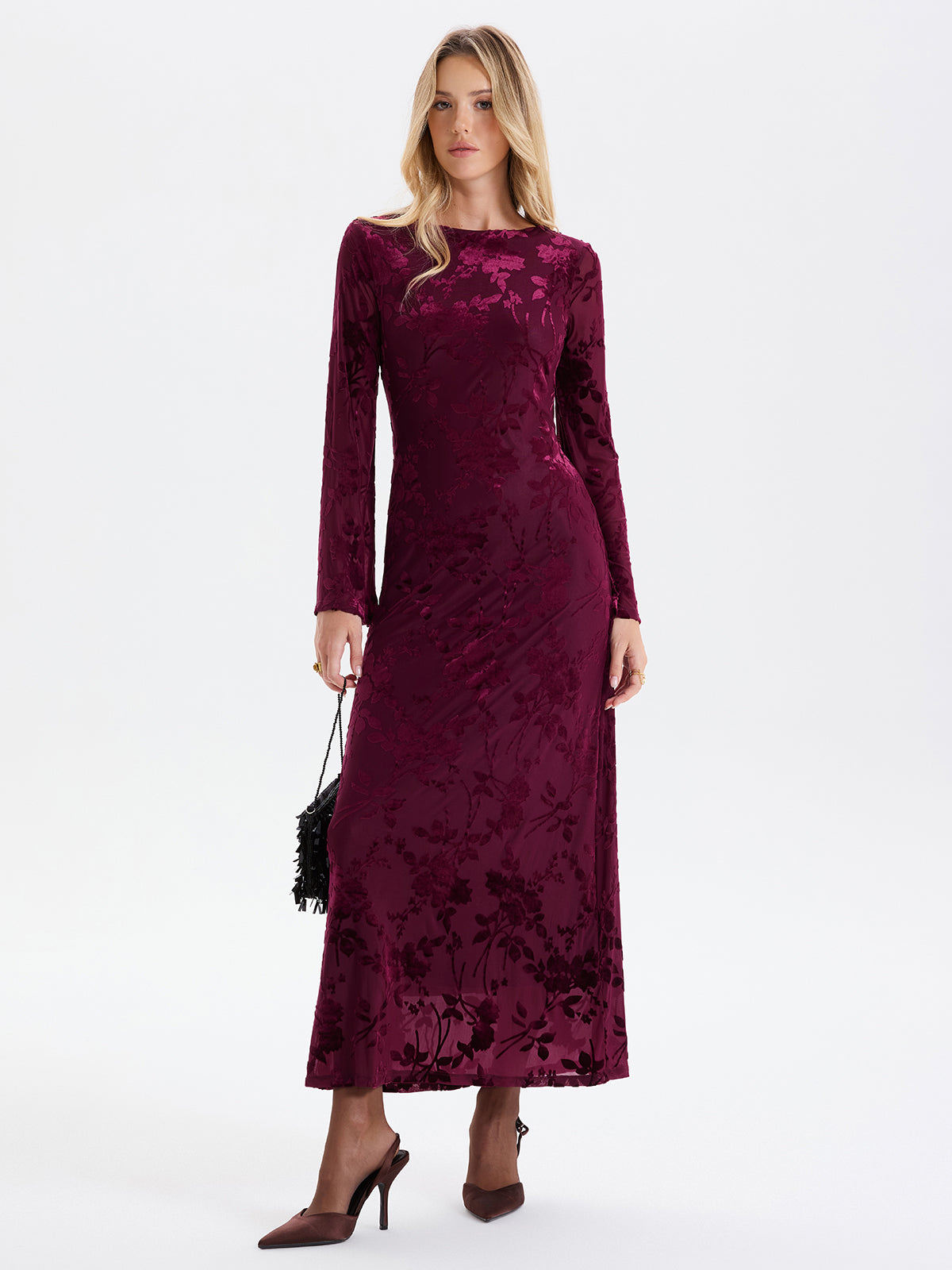 Floral-Jacquard Backless Maxi Dress