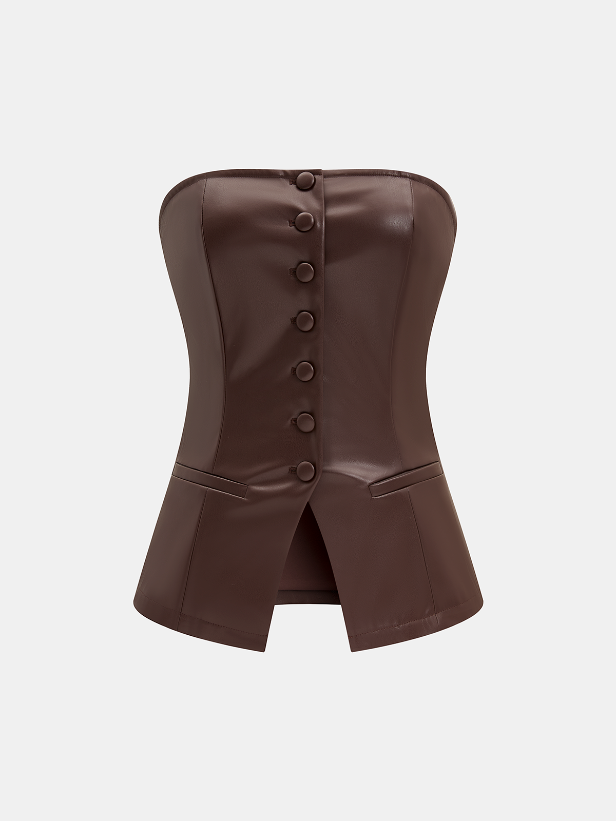 Button-Front Strapless Faux Leather Fitted Top