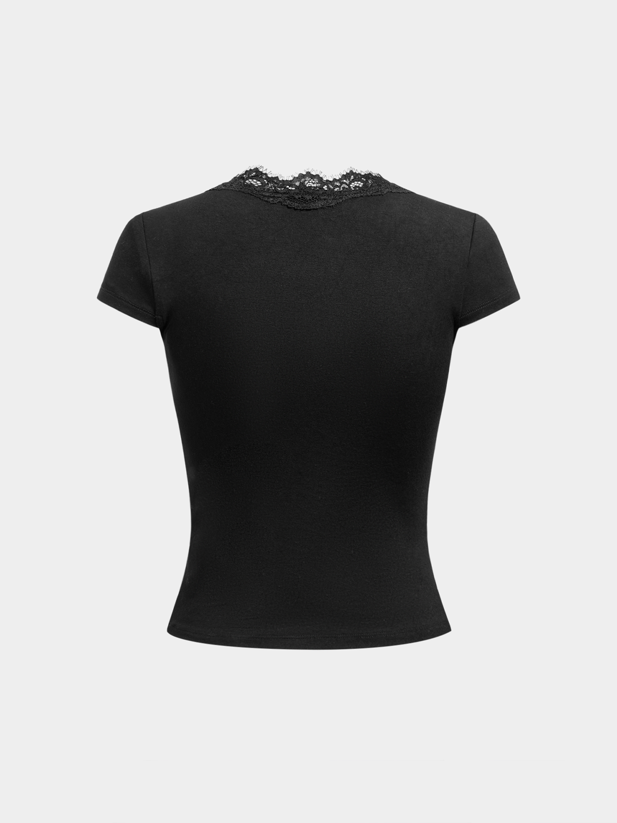 Lace Trim Tie-Front Fitted Short-Sleeve Top