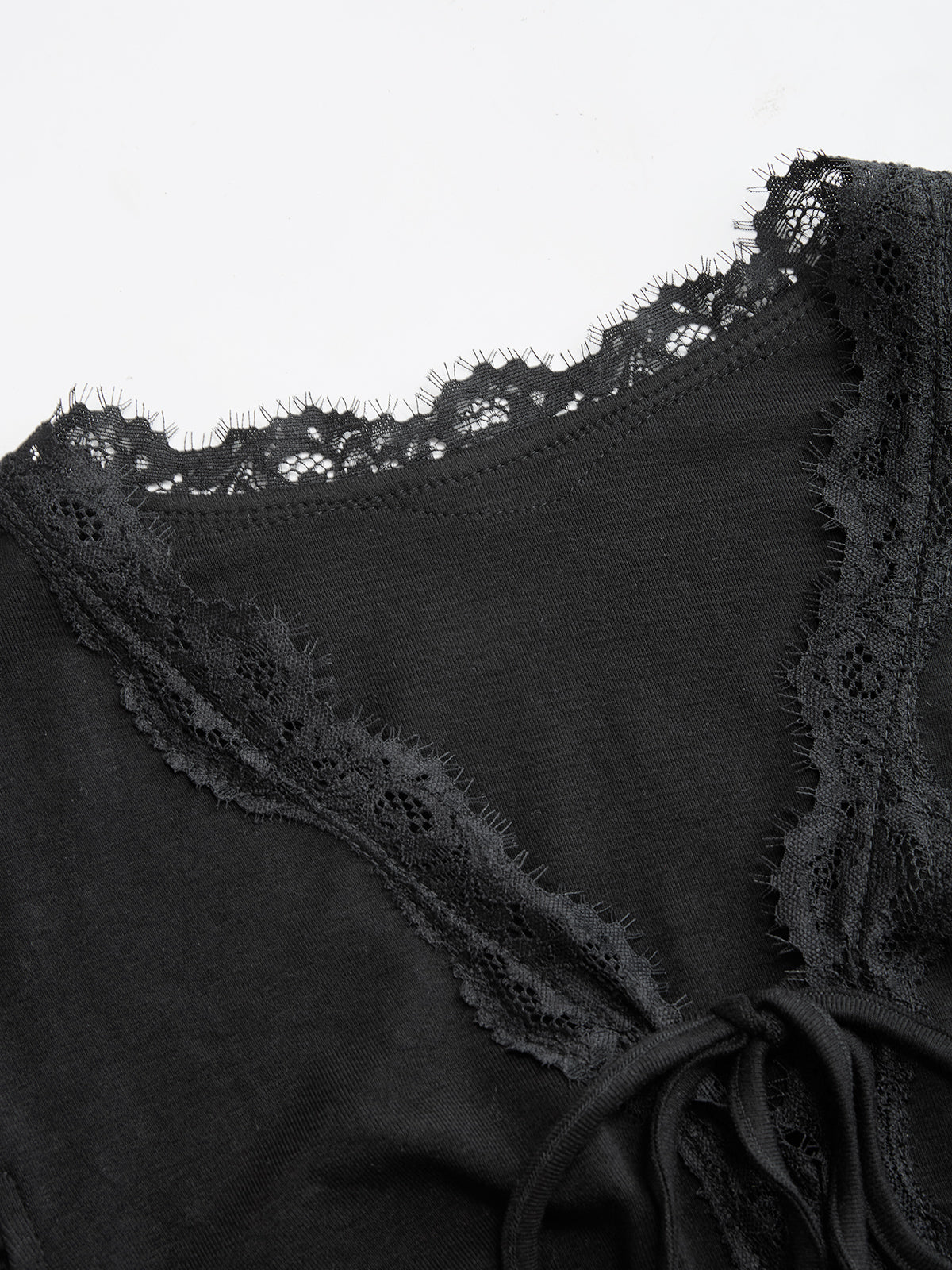 Lace Trim Tie-Front Fitted Short-Sleeve Top
