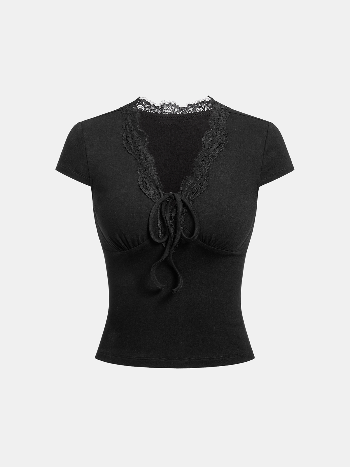 Lace Trim Tie-Front Fitted Short-Sleeve Top