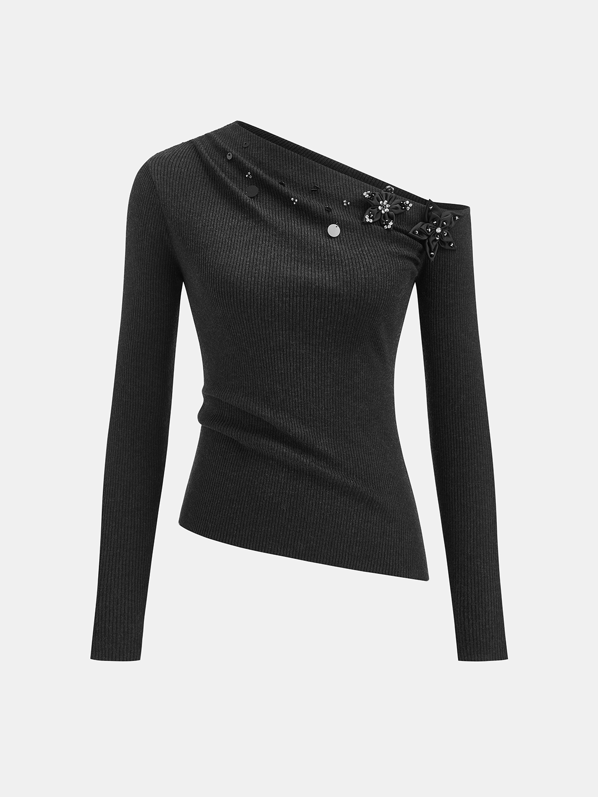 One-Shoulder Wool Blend Embellished Knit Top