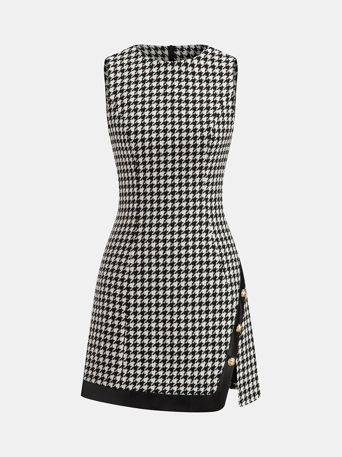 Faux Leather Trim Houndstooth Sleeveless Dress