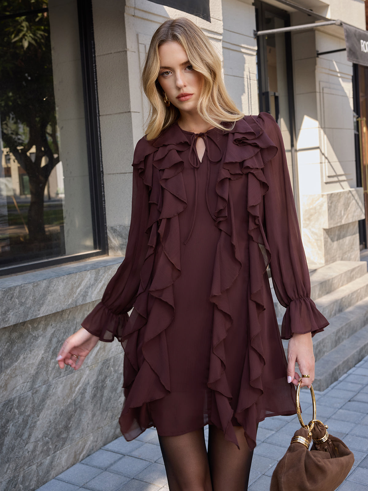 Belted Ruffle Tie-Neck Chiffon Mini Dress