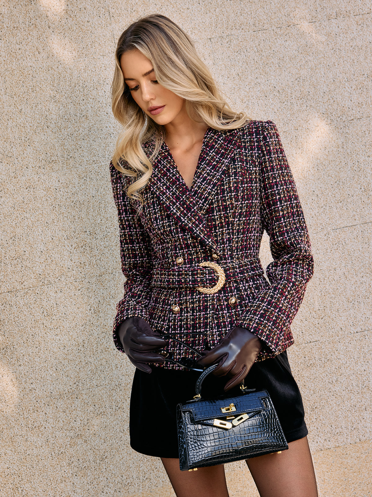 Tweed Double-Breasted Belted Blazer