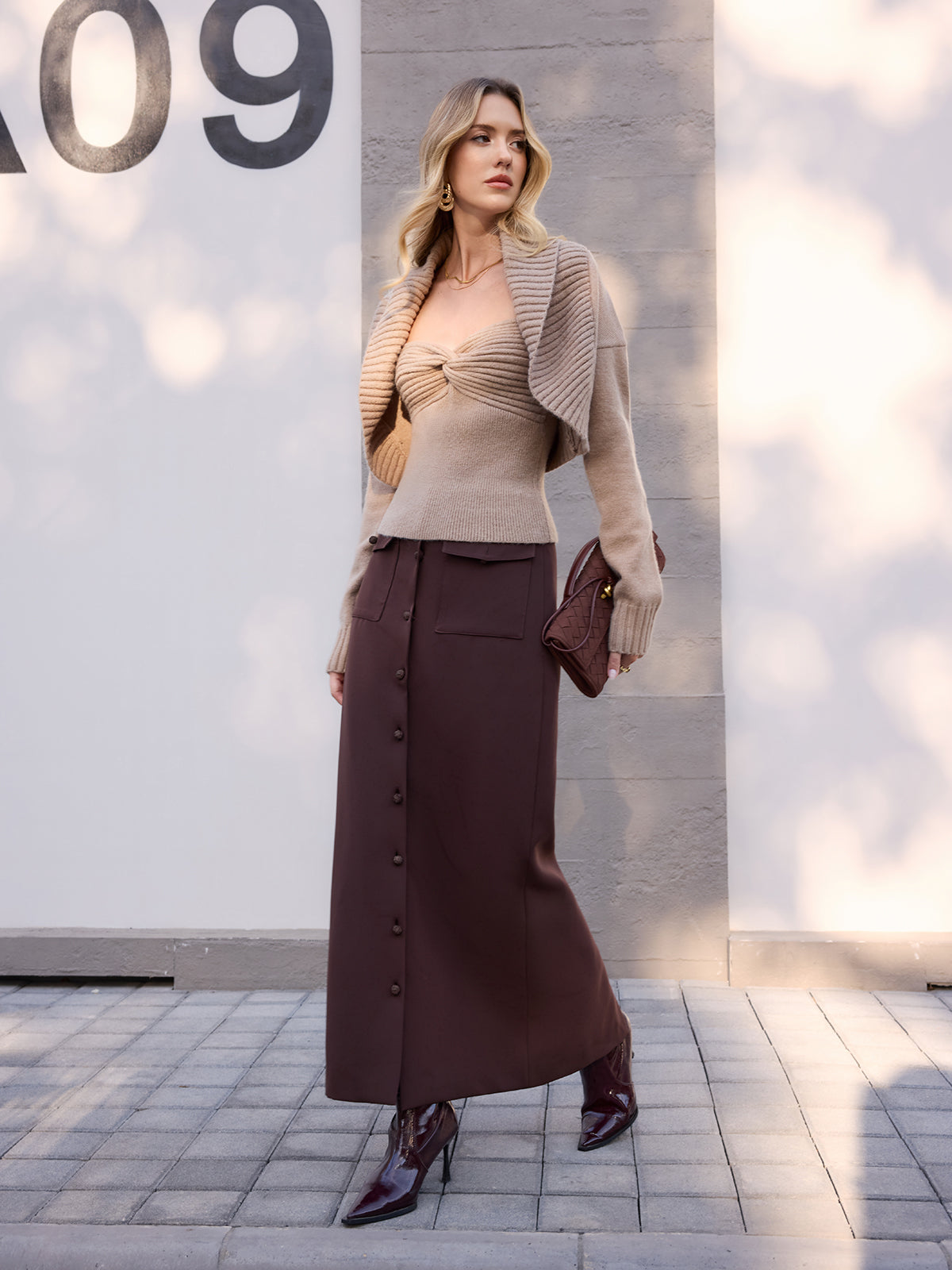 Midi-Waist Button-Front Midi Skirt
