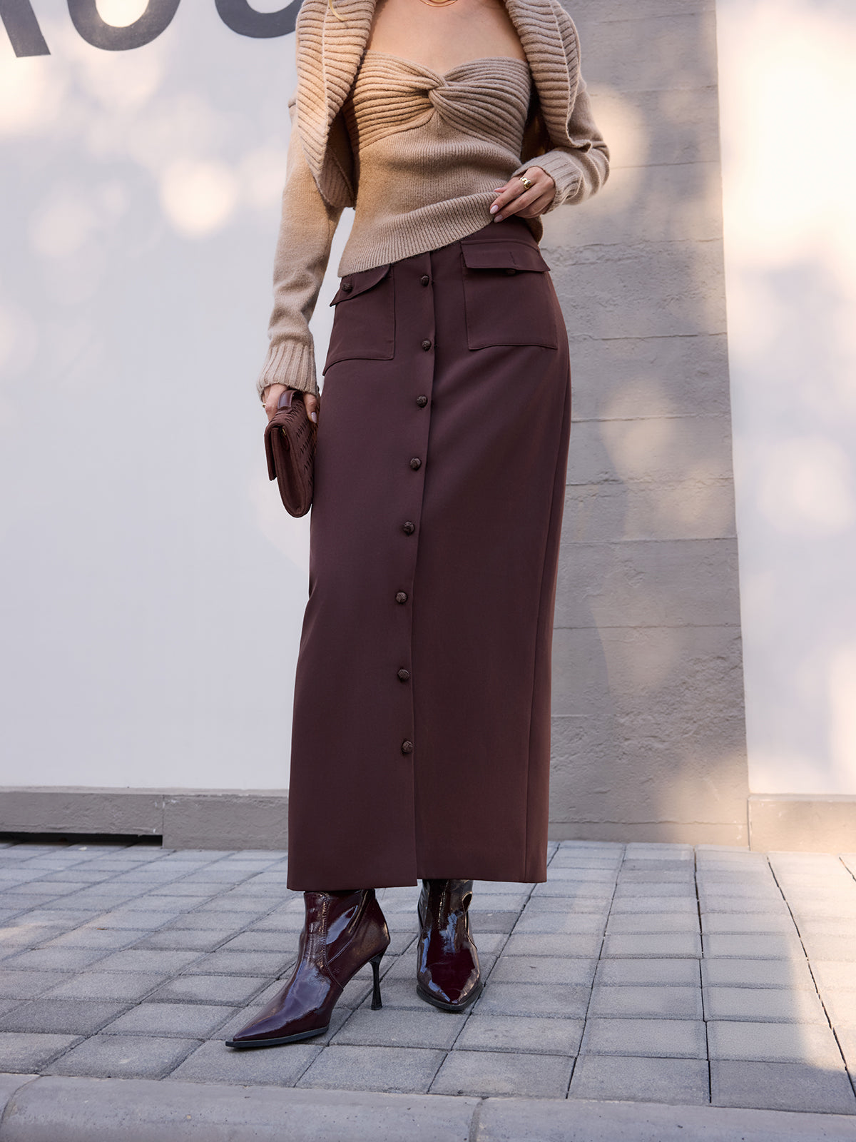 Midi-Waist Button-Front Midi Skirt