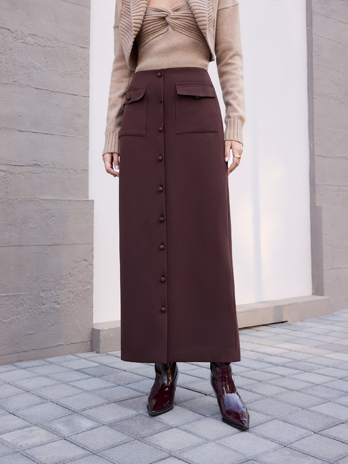Midi-Waist Button-Front Midi Skirt