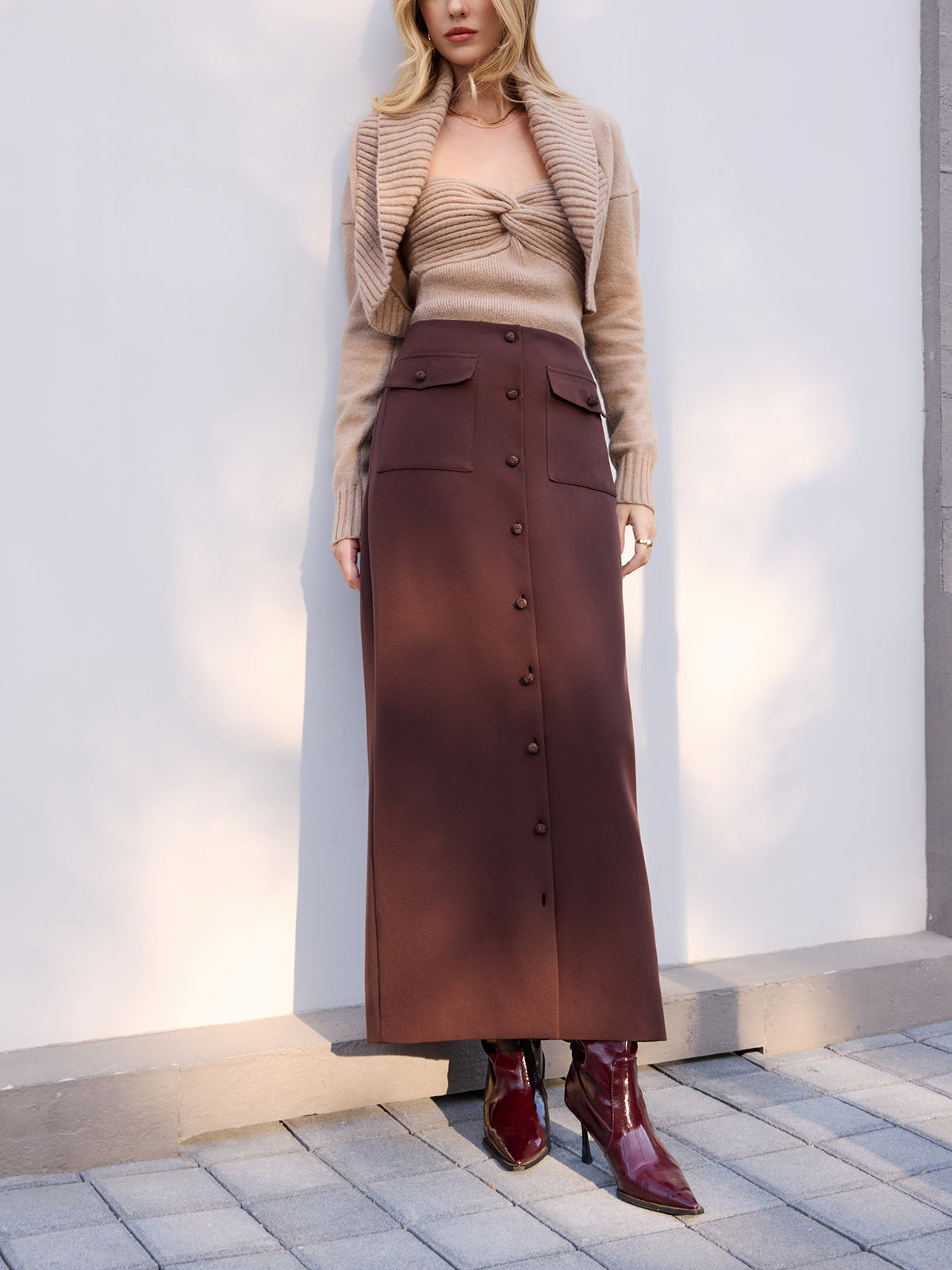 Midi-Waist Button-Front Midi Skirt