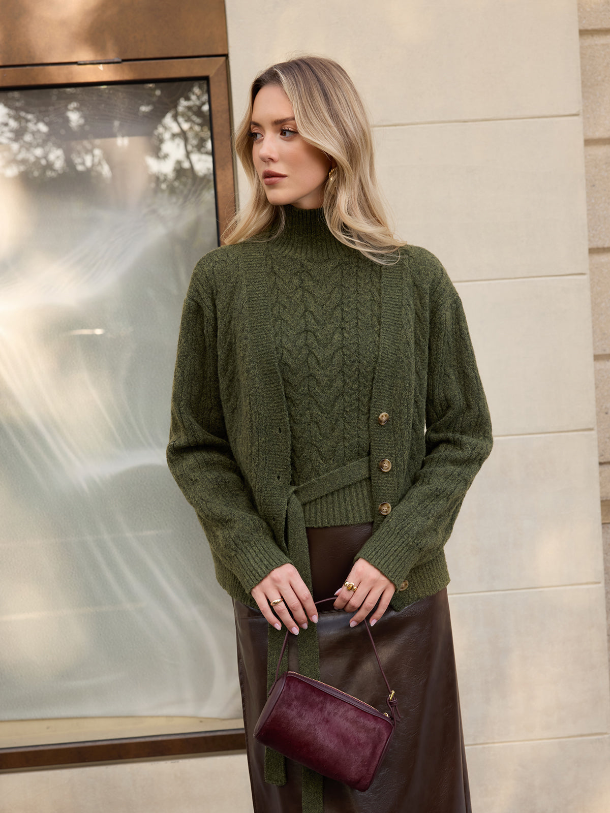 Turtleneck Cable Knit Top & Cardigan Two-Piece Set