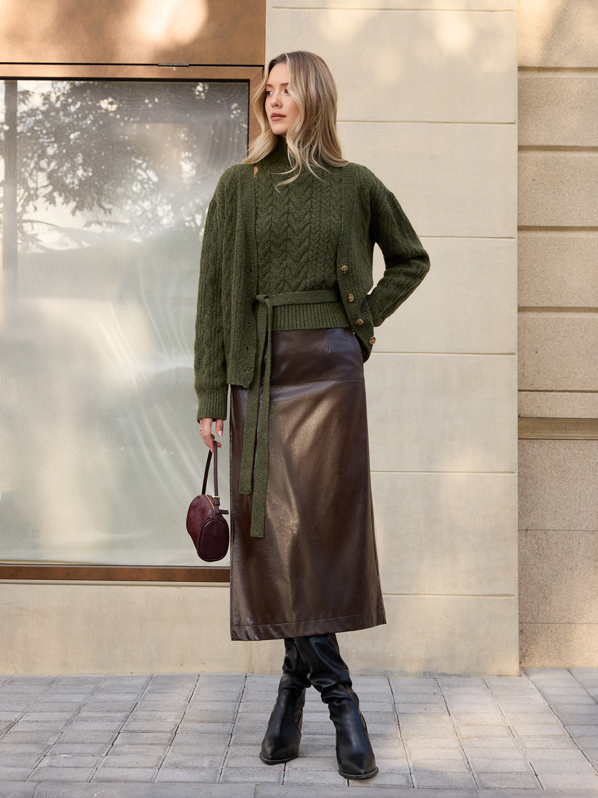 Turtleneck Cable Knit Top & Cardigan Two-Piece Set