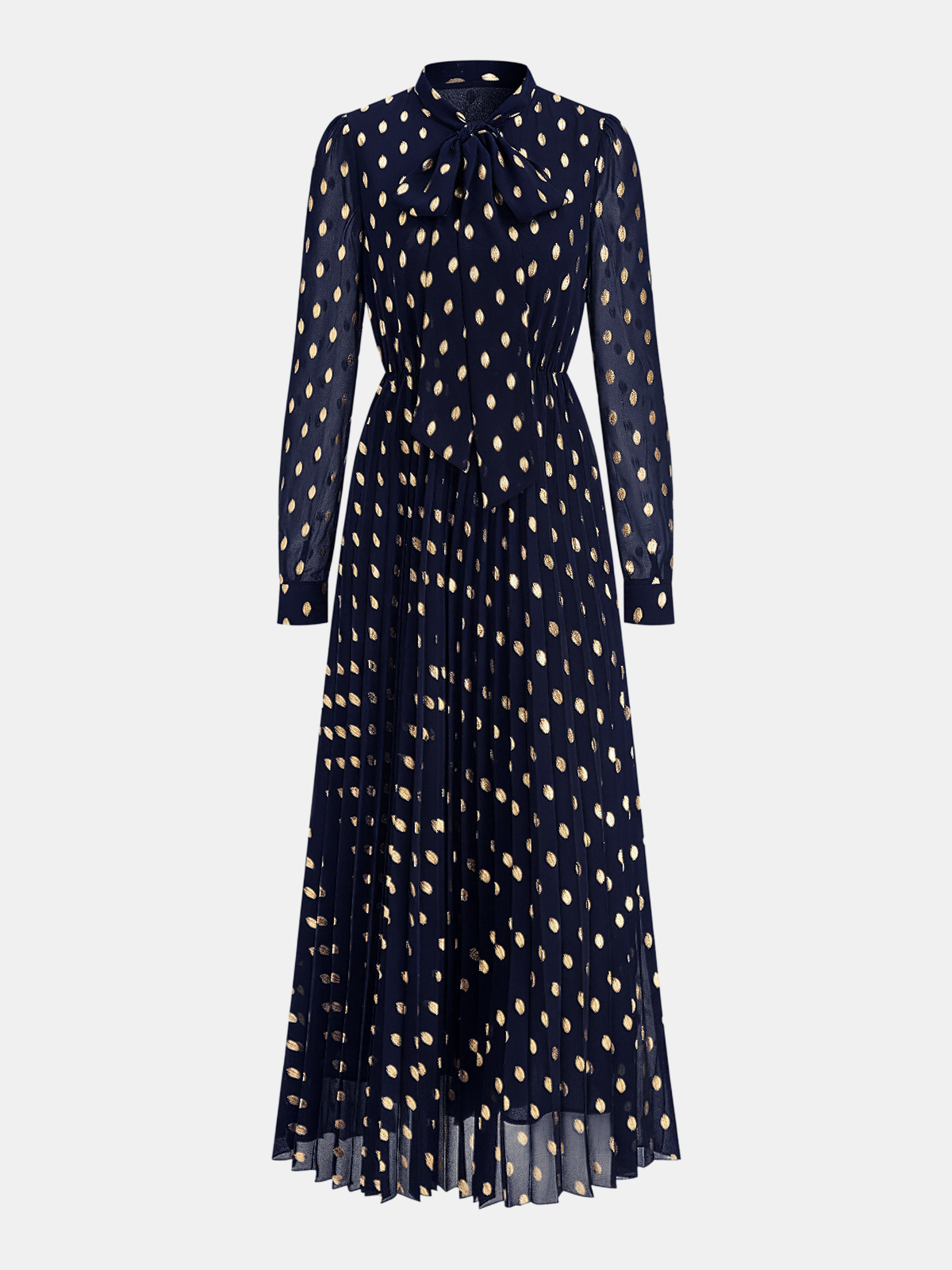 Langärmliges Maxi-Kleid in A-Linie mit Foliendruck und Punkten