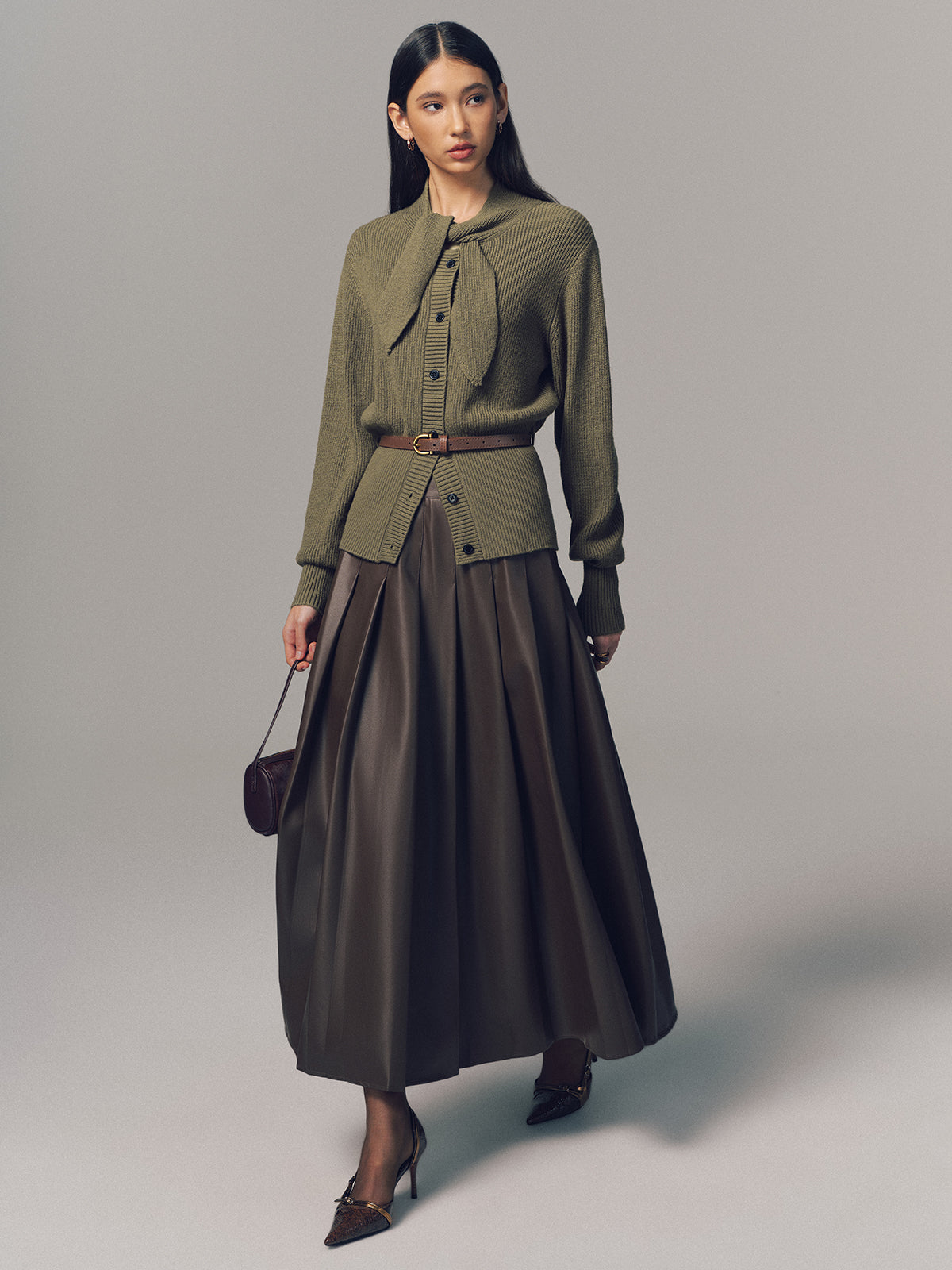 Tie Neck Belted Knit Cardigan