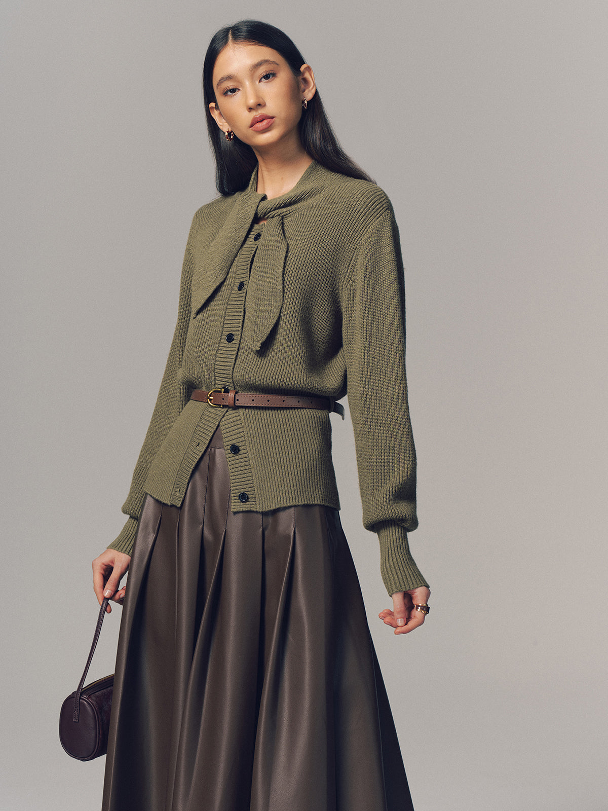 Tie Neck Belted Knit Cardigan