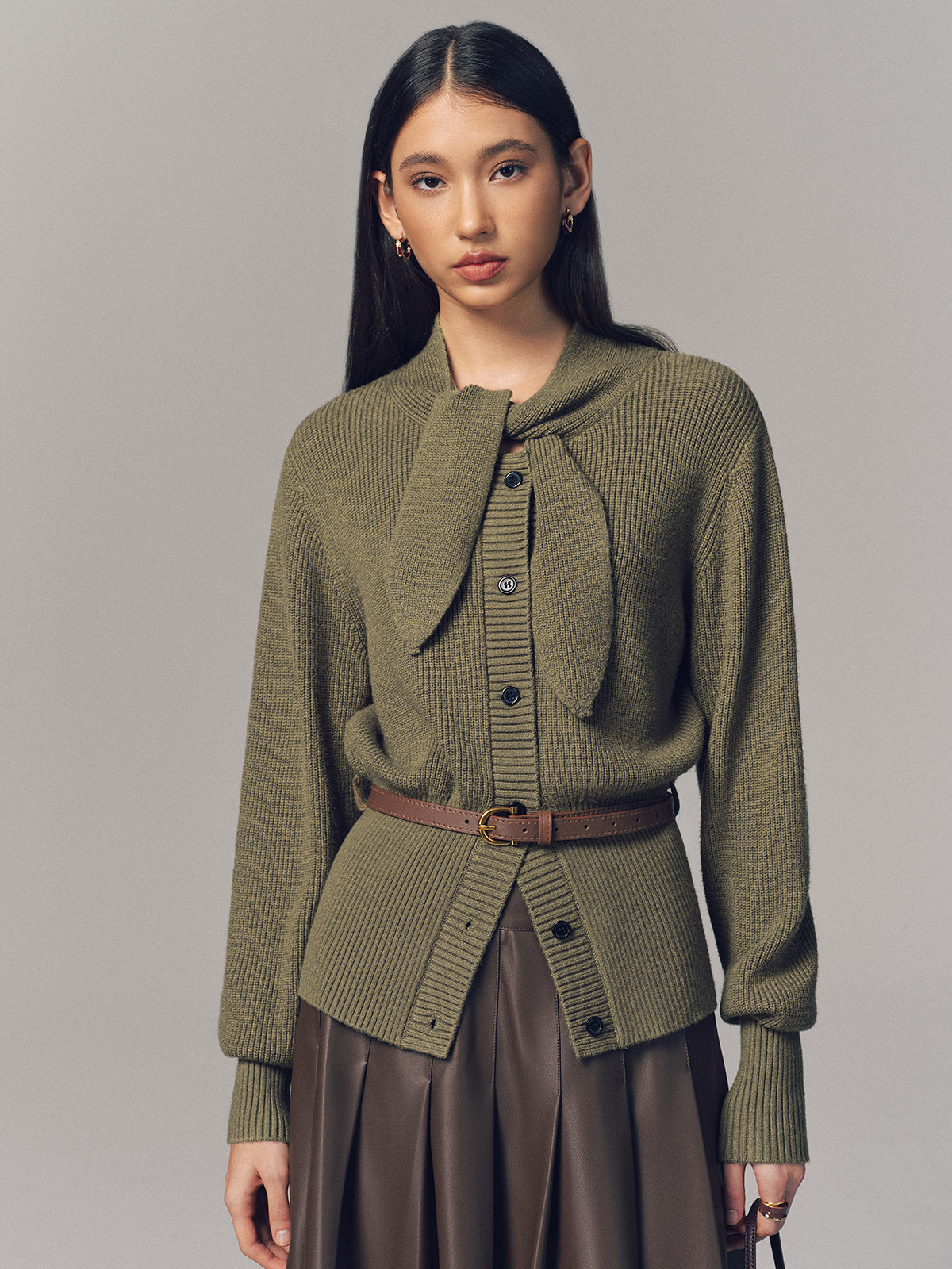 Tie Neck Belted Knit Cardigan