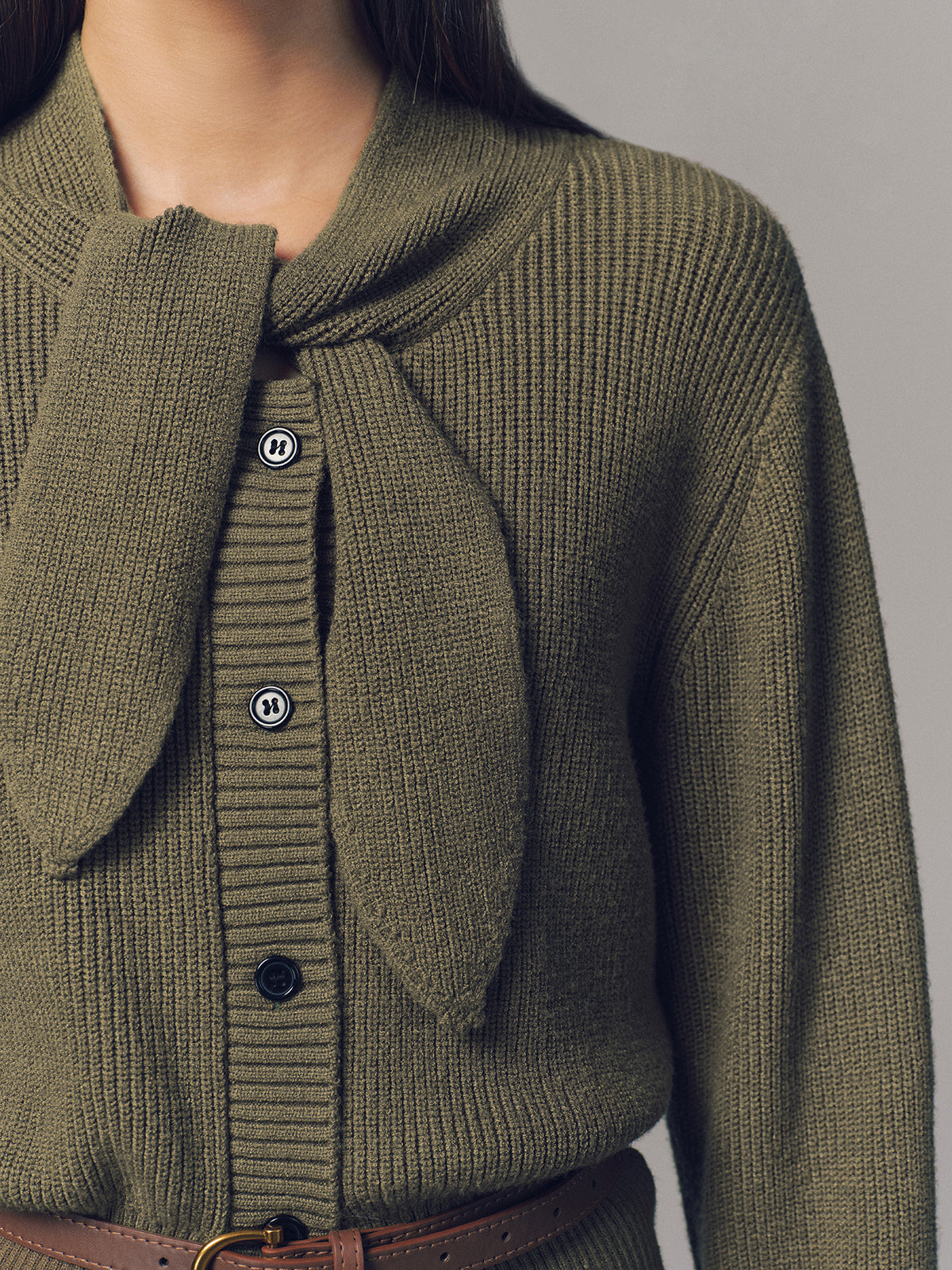 Tie Neck Belted Knit Cardigan