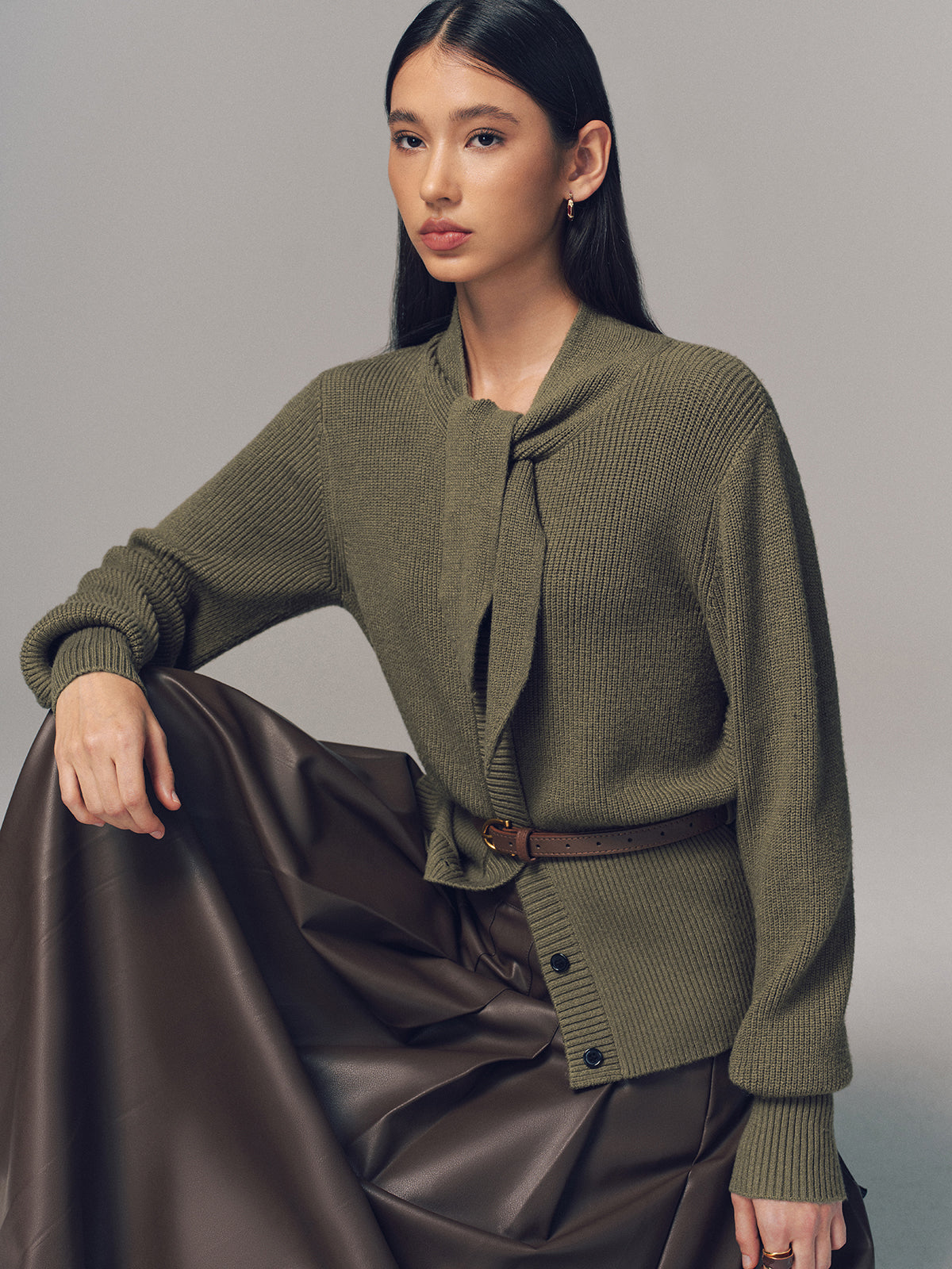 Tie Neck Belted Knit Cardigan