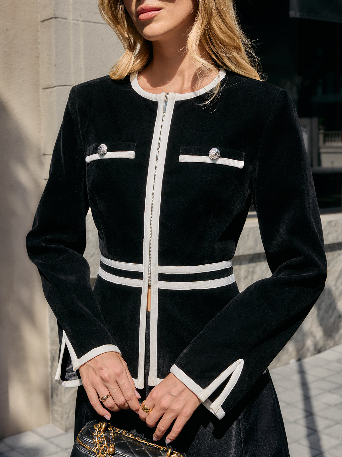 Contrast Piping Zip-Front Blazer