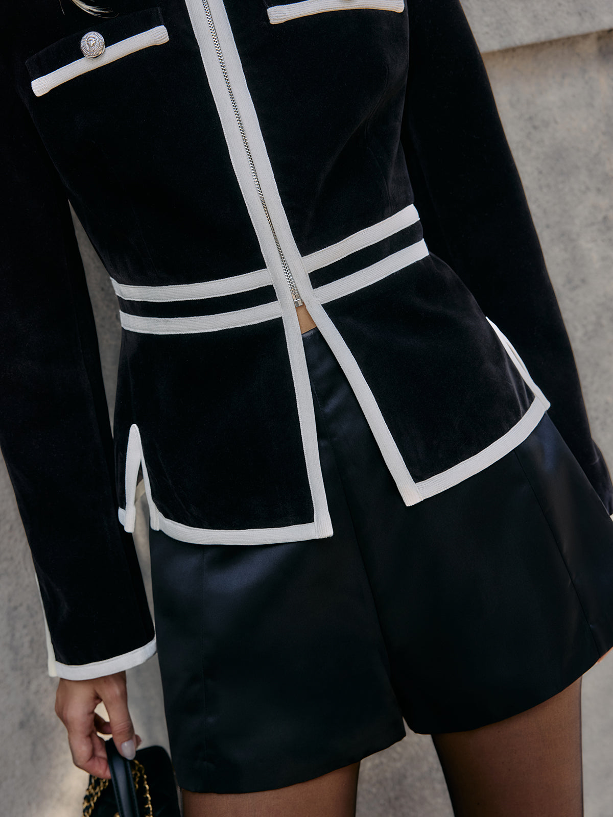 Contrast Piping Zip-Front Blazer