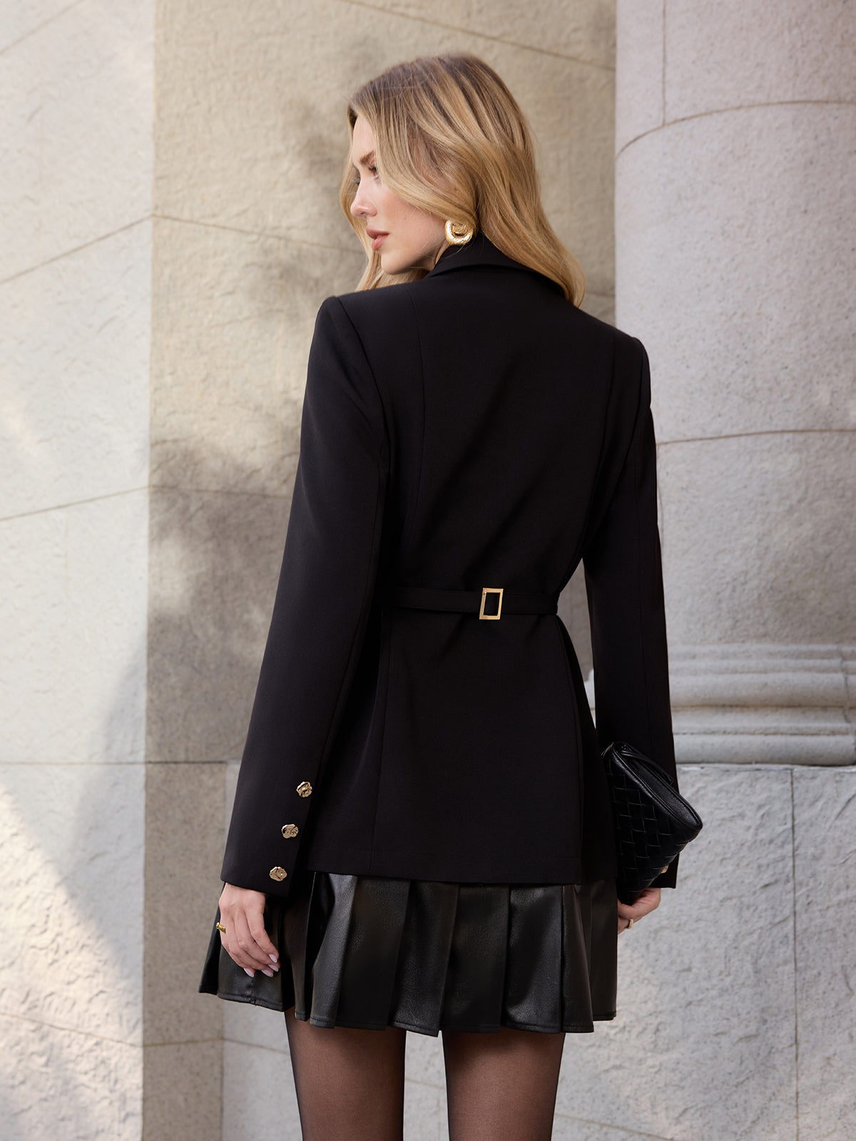 Faux Leather Pleated Hem Blazer Dresse