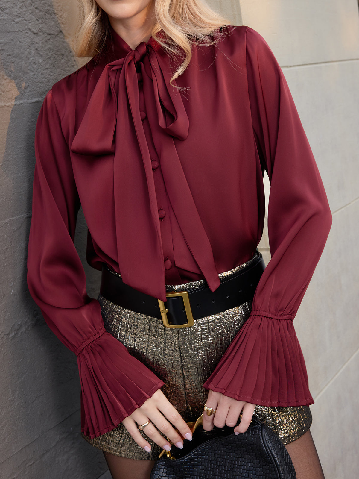 Satin Tie-Neck Bell-Cuff Blouse