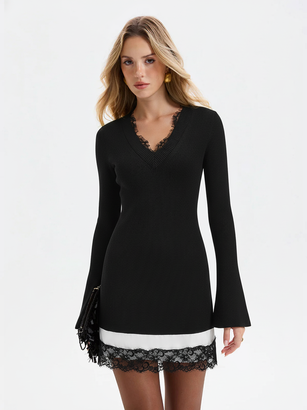 Mini-robe côtelée en mélange de laine avec dentelle et manches cloche
