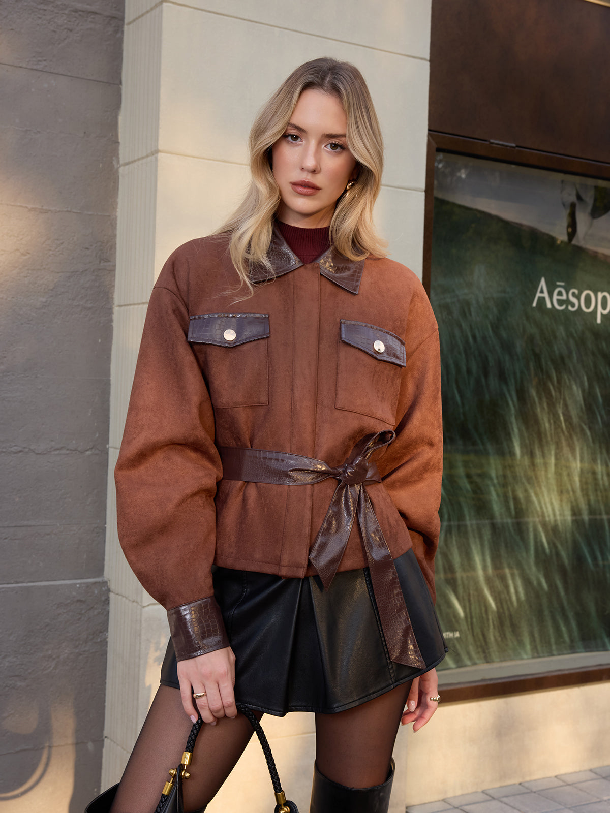 Croc Embossed Panel Suede Effect Belted Jacket
