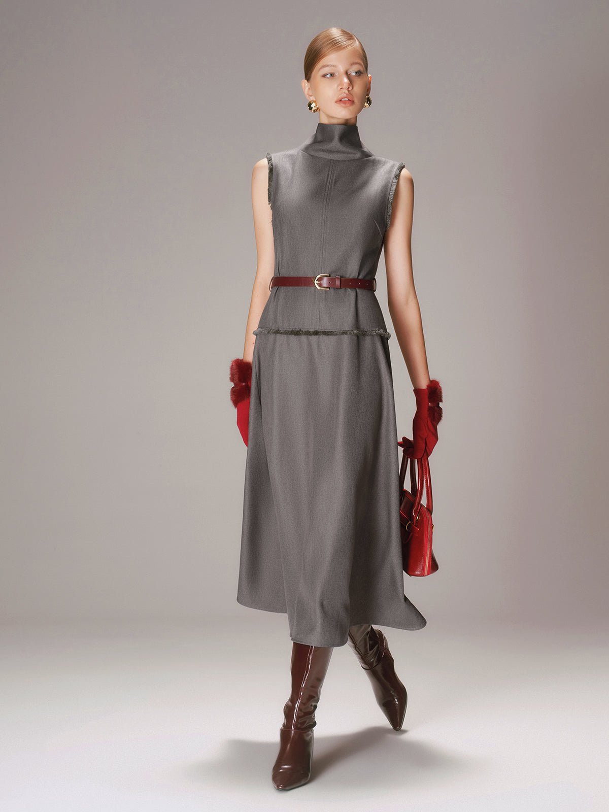 Belted Turtleneck Sleeveless Maxi Dress