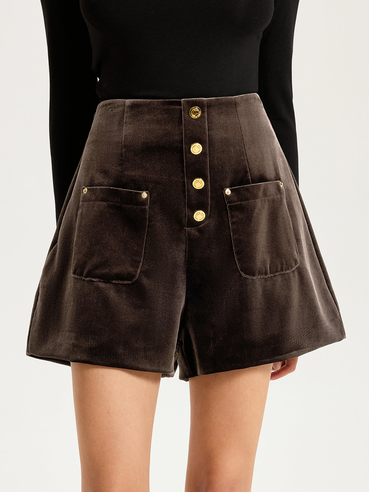 Velvet Mid-Waist Button-Front Shorts