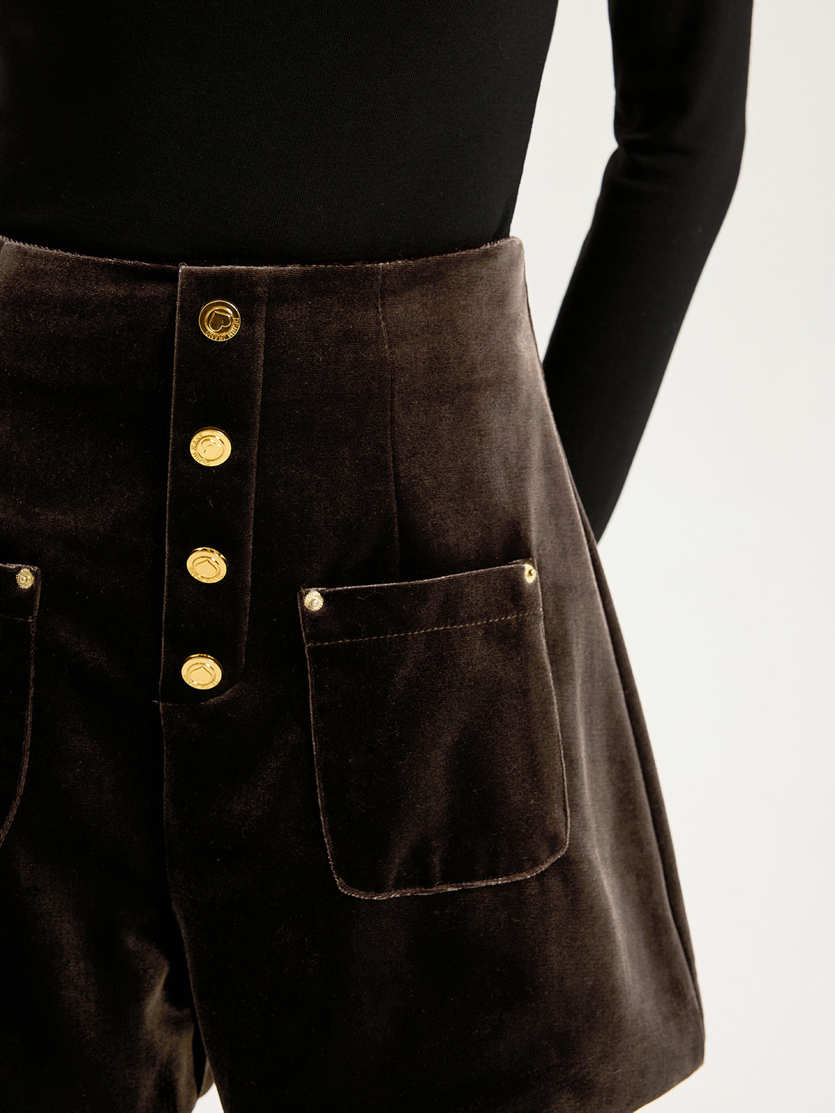 Velvet Mid-Waist Button-Front Shorts