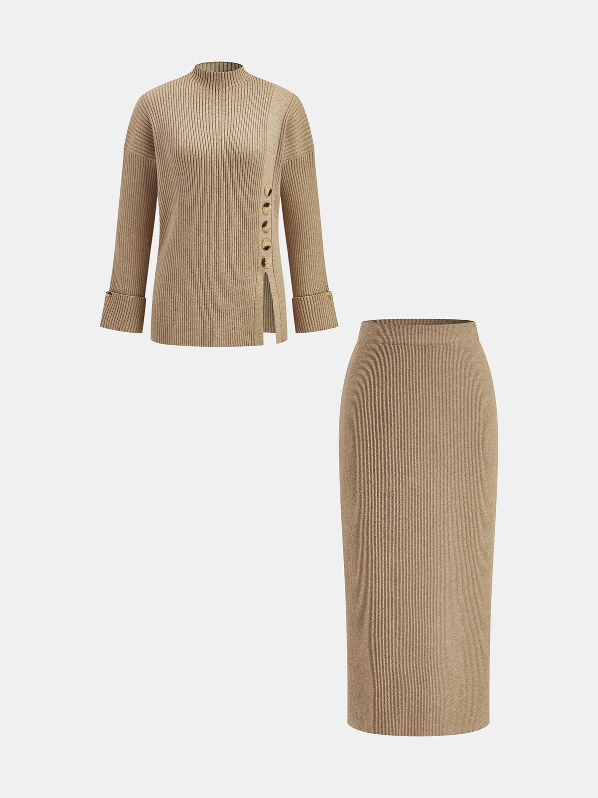 Ribbed Side-Slit Sweater & Midi Skirt Set