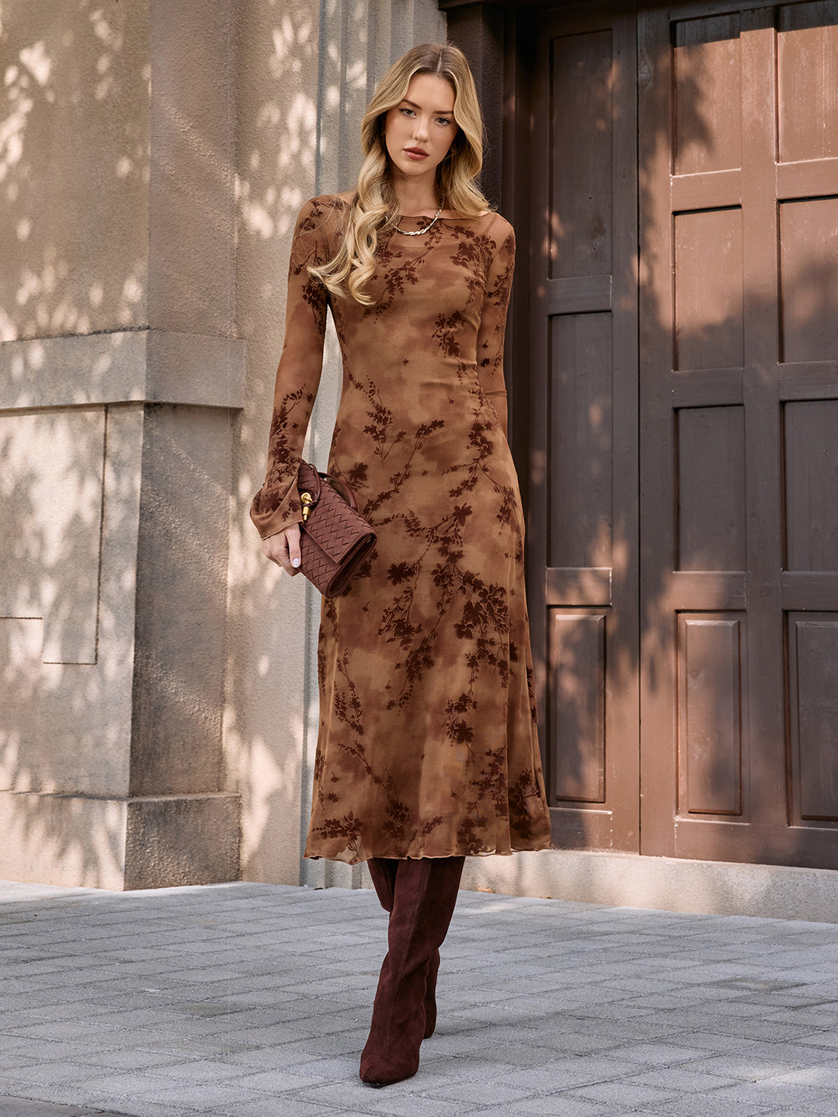 Flocked Floral Maxi Dress with Long Camisole