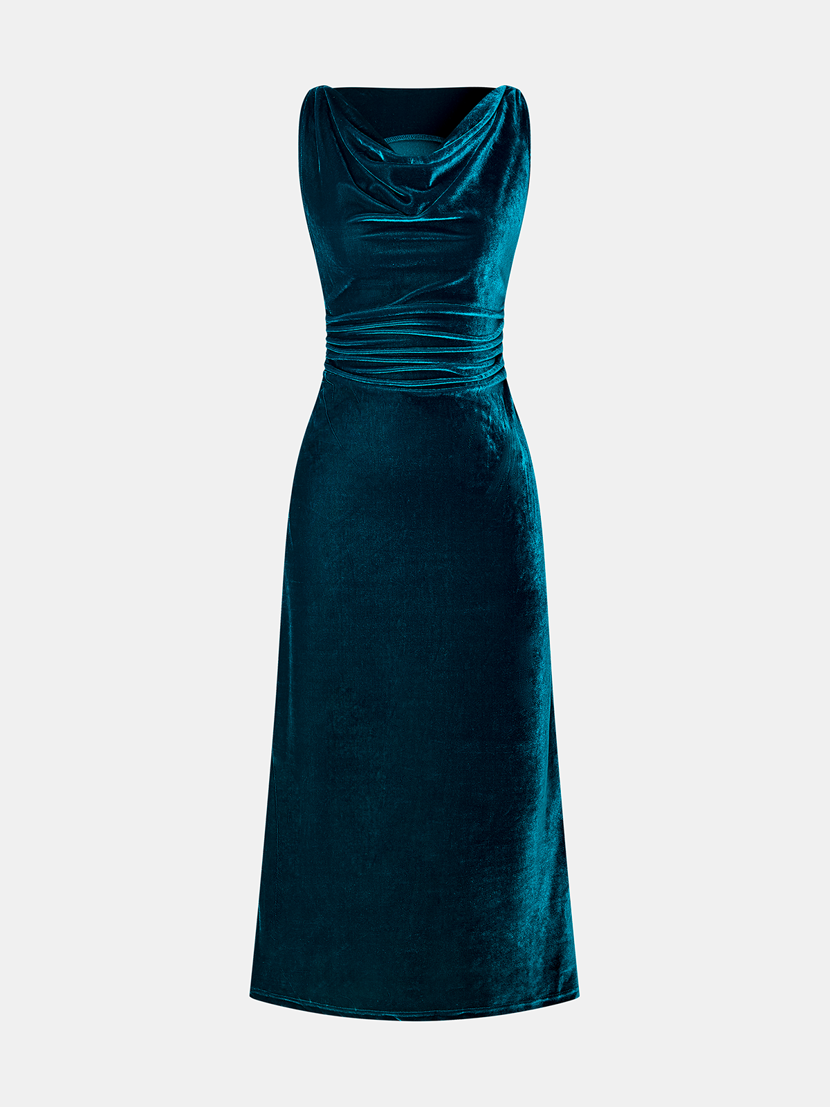 Cowl Neck Ruched Velvet Sleeveless Dress