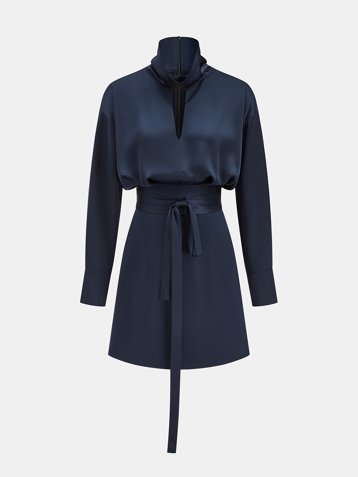 Satin Turtleneck Tie-Waist Mini Dress