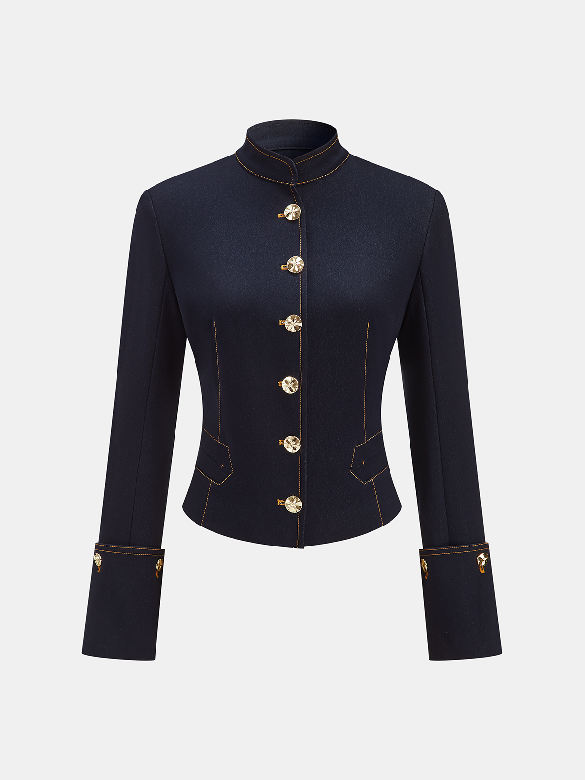 Faux Denim Metal Button Stand-Collar Blazer