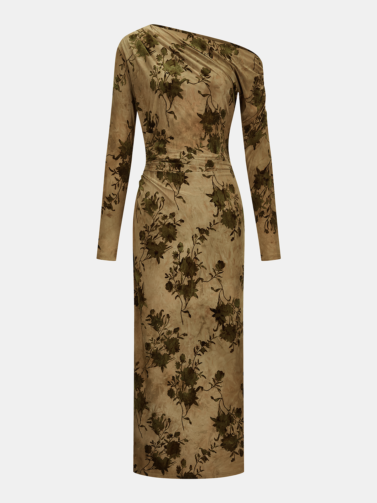 One-Shoulder Flocked-Floral Midi Dress