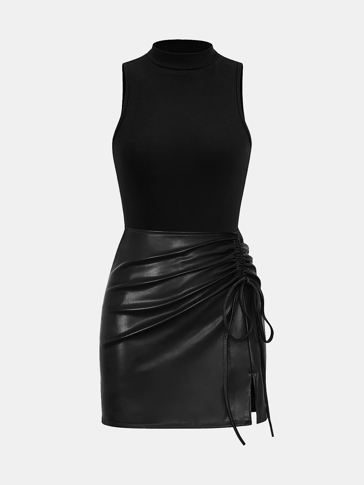 Knit Sleeveless Top & Faux Leather Mini Skirt Set