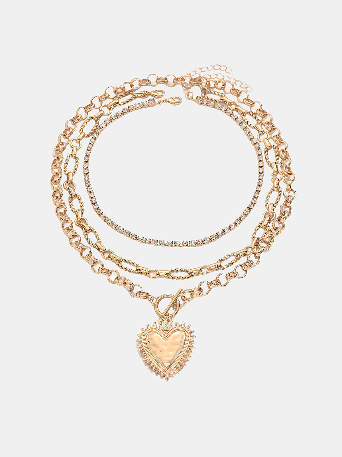 Layered Chain Heart Rhinestone Necklace