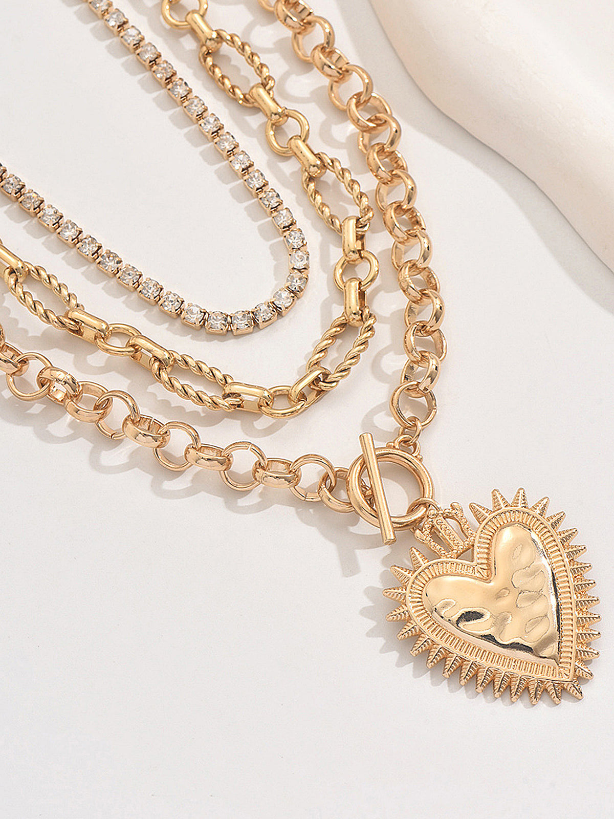 Layered Chain Heart Rhinestone Necklace