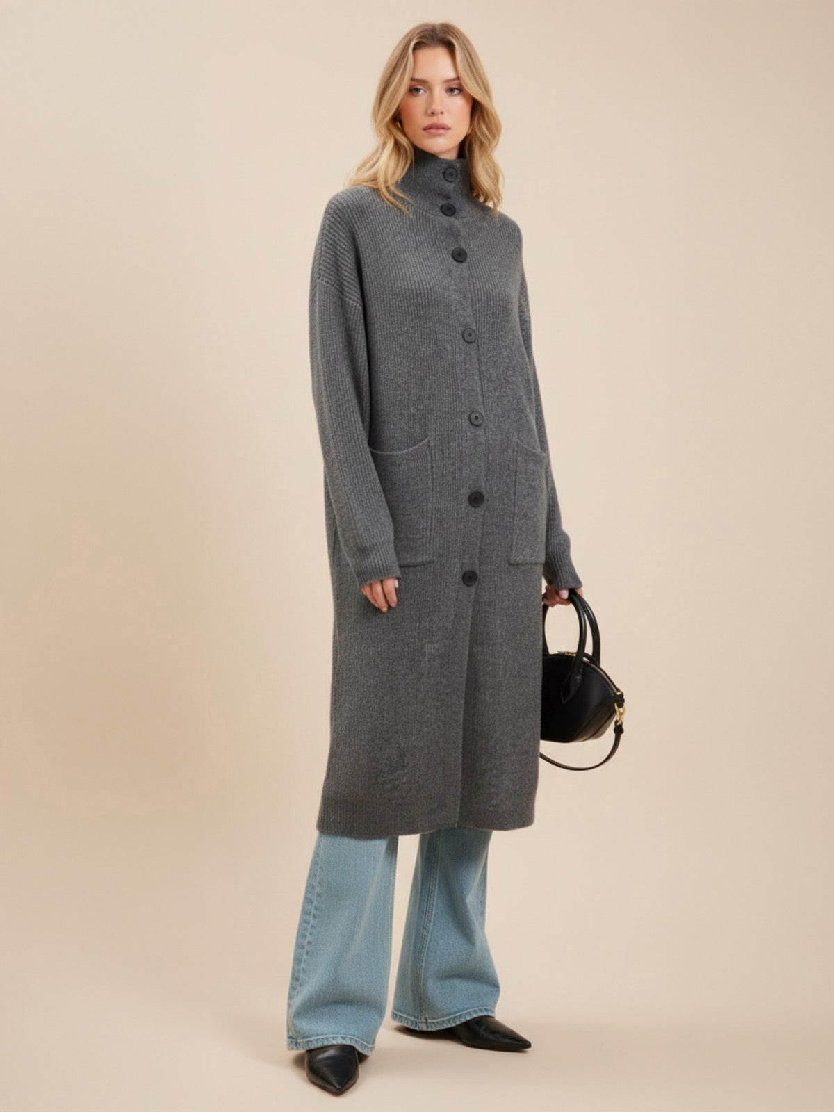 Loose Turtleneck Button-Front Long Cardigan Coat
